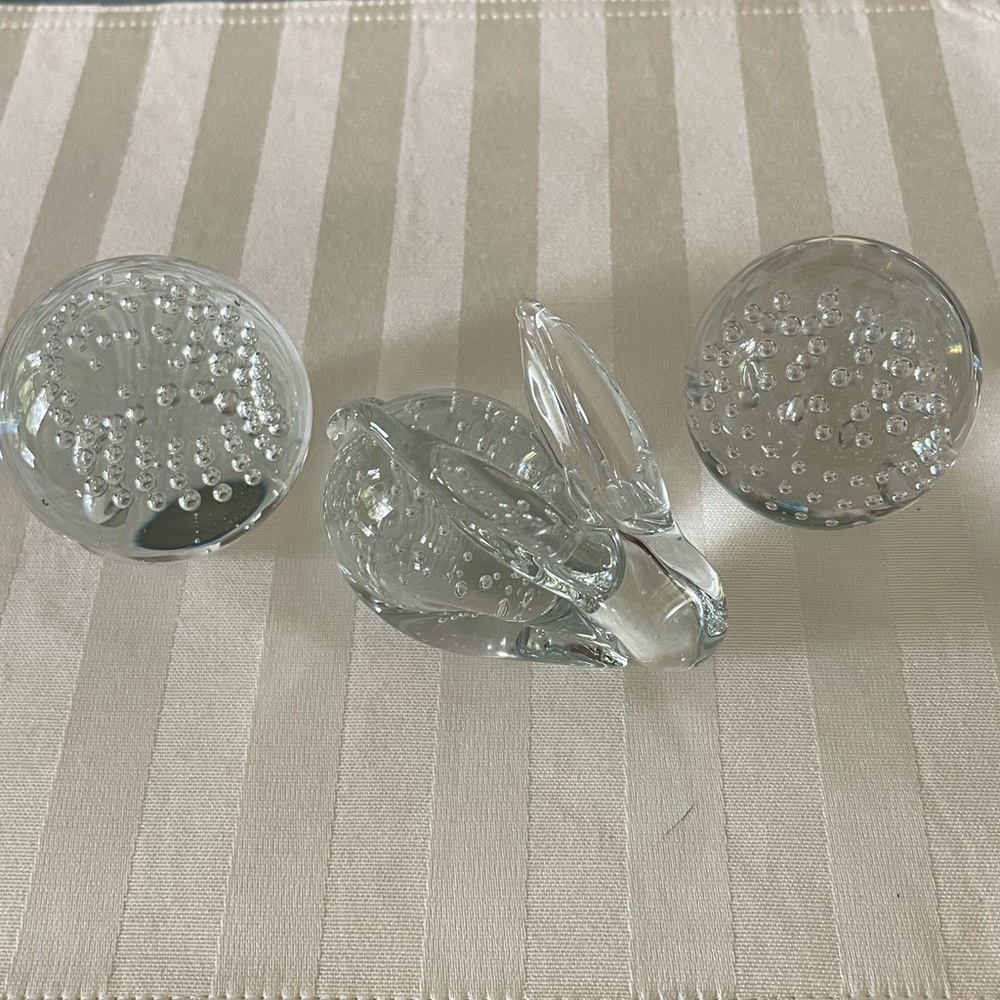 Three Paperweights 2 Vintage Clear Round Glass With Bubbles Murano Style & Bunny